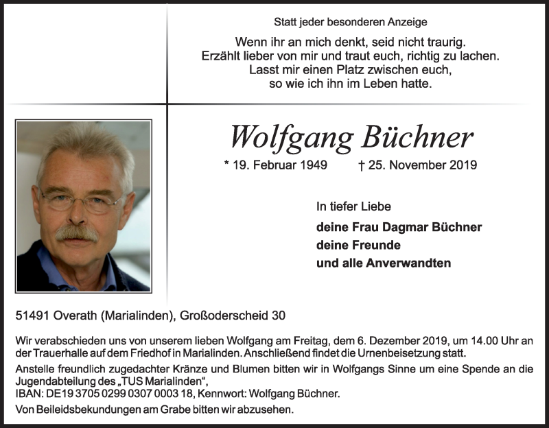  Traueranzeige für Wolfgang Büchner vom 30.11.2019 aus Kölner Stadt-Anzeiger / Kölnische Rundschau / Express