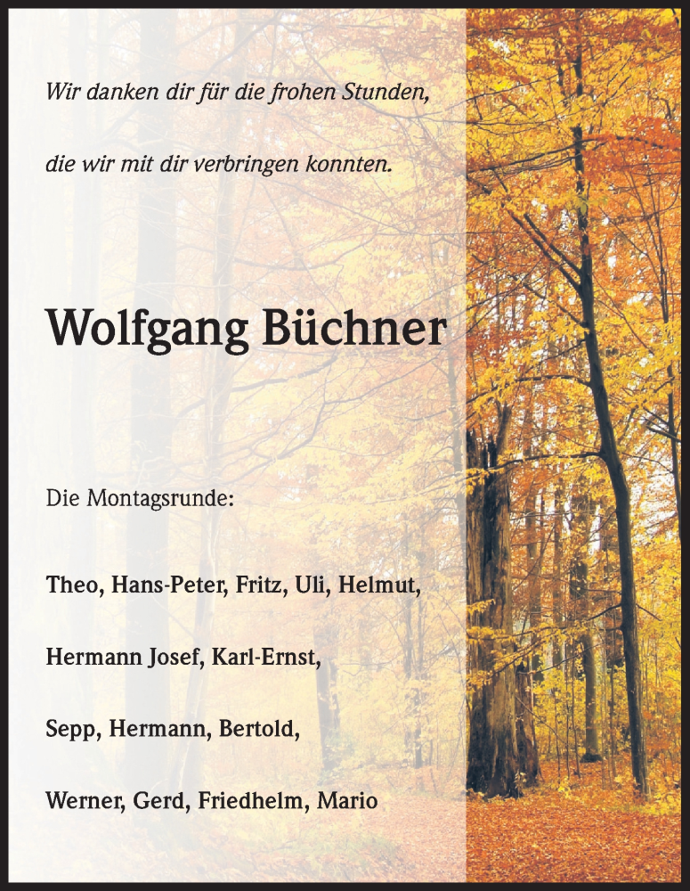  Traueranzeige für Wolfgang Büchner vom 30.11.2019 aus Kölner Stadt-Anzeiger / Kölnische Rundschau / Express
