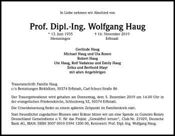 Anzeige von Wolfgang Haug von Kölner Stadt-Anzeiger / Kölnische Rundschau / Express