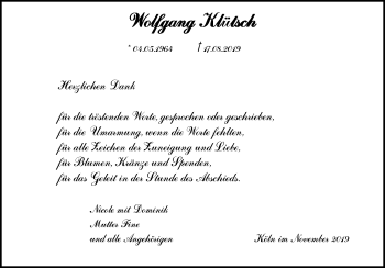 Anzeige von Wolfgang Klütsch von Kölner Stadt-Anzeiger / Kölnische Rundschau / Express