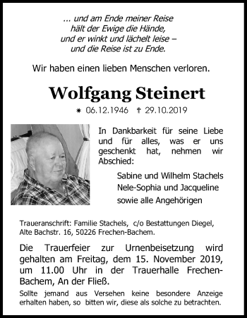 Anzeige von Wolfgang Steinert von Kölner Stadt-Anzeiger / Kölnische Rundschau / Express