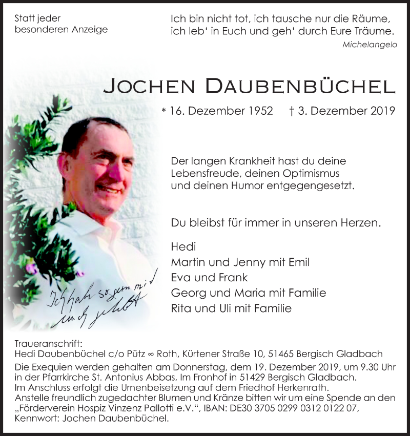  Traueranzeige für Jochen Daubenbüchel vom 14.12.2019 aus Kölner Stadt-Anzeiger / Kölnische Rundschau / Express