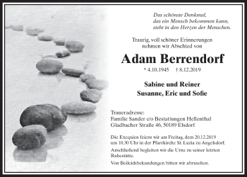 Anzeige von Adam Berrendorf von  Sonntags-Post 