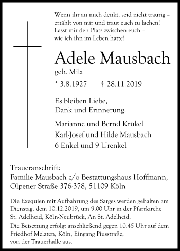 Anzeige von Adele Mausbach von Kölner Stadt-Anzeiger / Kölnische Rundschau / Express