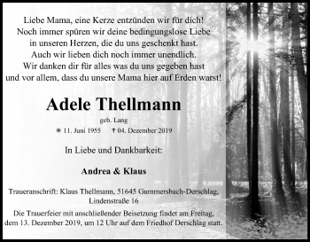 Anzeige von Adele Thellmann von Kölner Stadt-Anzeiger / Kölnische Rundschau / Express
