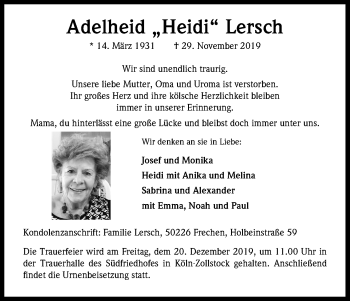 Anzeige von Adelheid Lersch von Kölner Stadt-Anzeiger / Kölnische Rundschau / Express