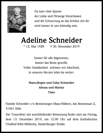 Anzeige von Adeline Schneider von Kölner Stadt-Anzeiger / Kölnische Rundschau / Express