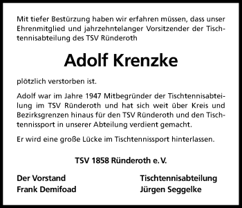 Anzeige von Adolf Krenzke von Kölner Stadt-Anzeiger / Kölnische Rundschau / Express