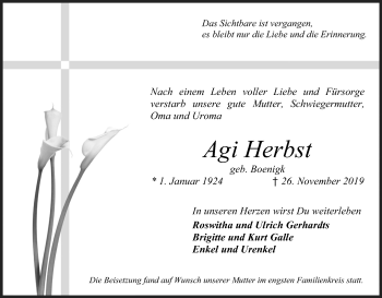 Anzeige von Agi Herbst von Kölner Stadt-Anzeiger / Kölnische Rundschau / Express