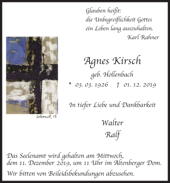 Anzeige von Agnes Kirsch von Kölner Stadt-Anzeiger / Kölnische Rundschau / Express