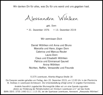 Anzeige von Alessandra Wöhlken von Kölner Stadt-Anzeiger / Kölnische Rundschau / Express