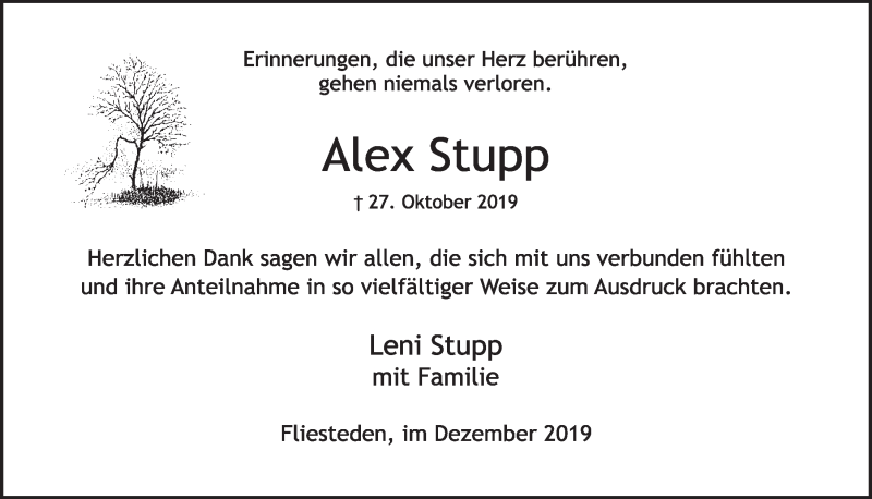  Traueranzeige für Alex Stupp vom 14.12.2019 aus  Sonntags-Post 