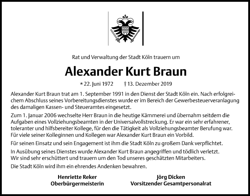  Traueranzeige für Alexander Kurt Braun vom 28.12.2019 aus Kölner Stadt-Anzeiger / Kölnische Rundschau / Express