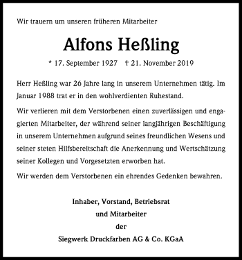 Anzeige von Alfons Heßling von Kölner Stadt-Anzeiger / Kölnische Rundschau / Express