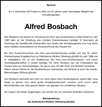 Anzeige von Alfred Bosbach von Kölner Stadt-Anzeiger / Kölnische Rundschau / Express
