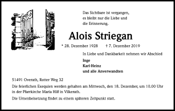 Anzeige von Alois Striegan von Kölner Stadt-Anzeiger / Kölnische Rundschau / Express