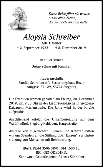 Anzeige von Aloysia Schreiber von Kölner Stadt-Anzeiger / Kölnische Rundschau / Express