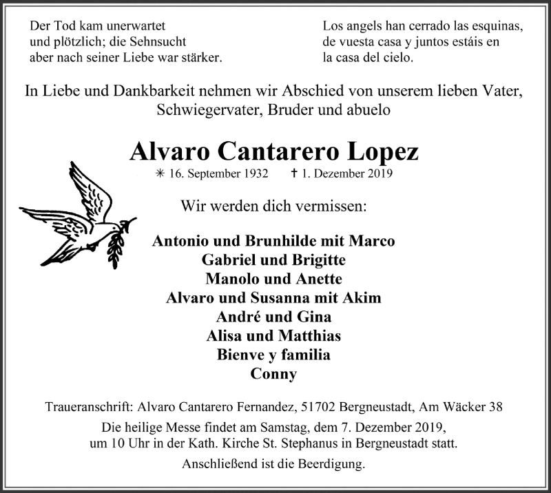  Traueranzeige für Alvaro Cantarero Lopez vom 04.12.2019 aus  Anzeigen Echo 