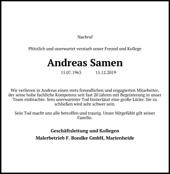 Anzeige von Andreas Samen von Kölner Stadt-Anzeiger / Kölnische Rundschau / Express