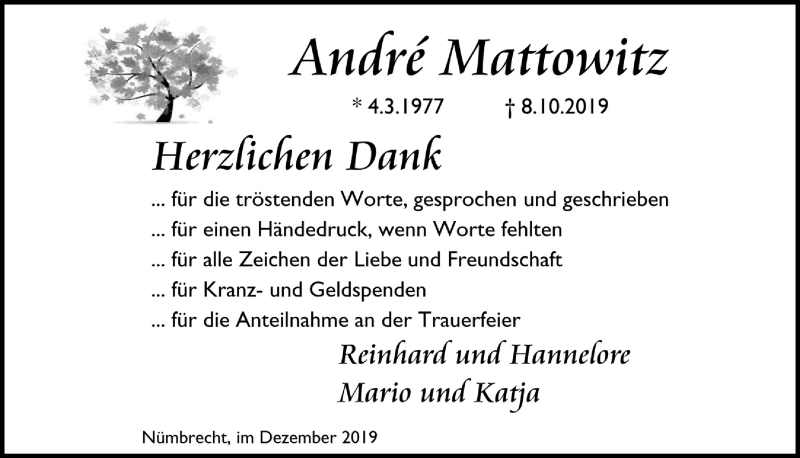  Traueranzeige für André Mattowitz vom 18.12.2019 aus  Lokalanzeiger 