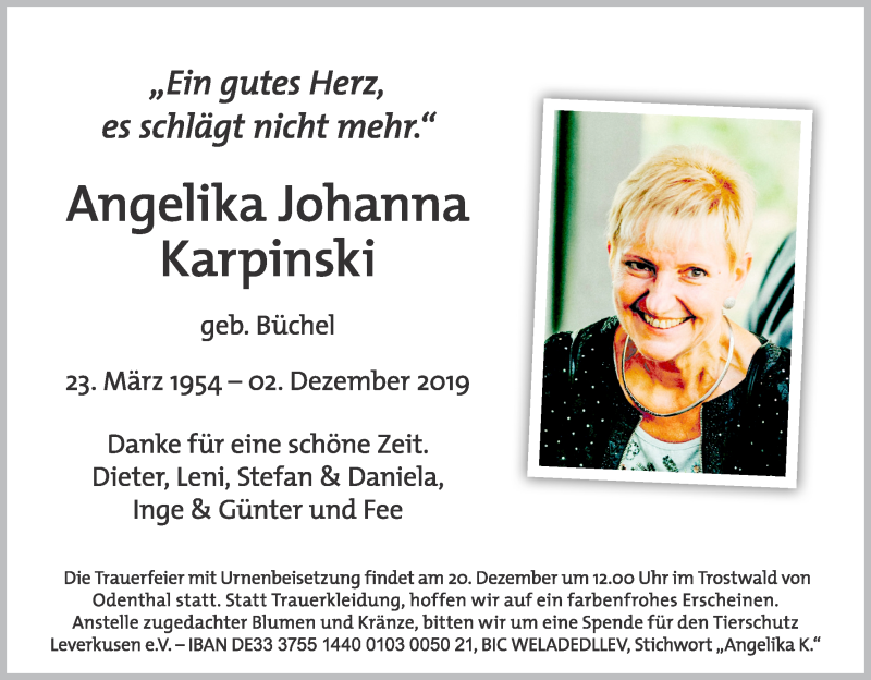  Traueranzeige für Angelika Johanna Karpinski vom 14.12.2019 aus Kölner Stadt-Anzeiger / Kölnische Rundschau / Express