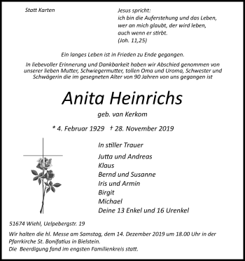 Anzeige von Anita Heinrichs von Kölner Stadt-Anzeiger / Kölnische Rundschau / Express
