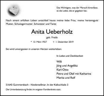 Anzeige von Anita Ueberholz von Kölner Stadt-Anzeiger / Kölnische Rundschau / Express