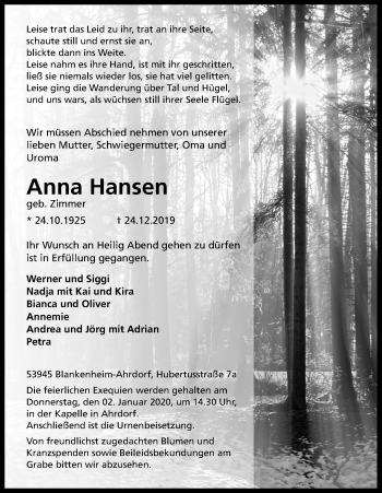 Anzeige von Anna Hansen von Kölner Stadt-Anzeiger / Kölnische Rundschau / Express