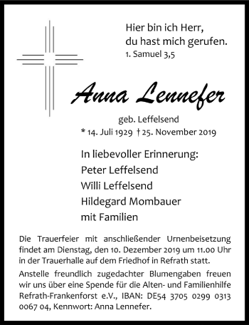 Anzeige von Anna Lennefer von  Bergisches Handelsblatt 