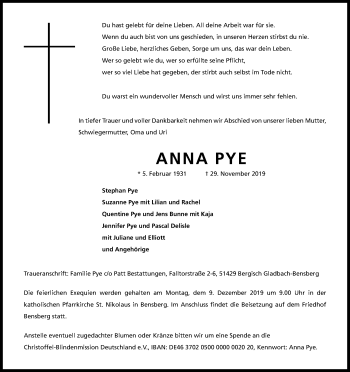 Anzeige von Anna Pye von Kölner Stadt-Anzeiger / Kölnische Rundschau / Express