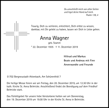 Anzeige von Anna Wagner von Kölner Stadt-Anzeiger / Kölnische Rundschau / Express