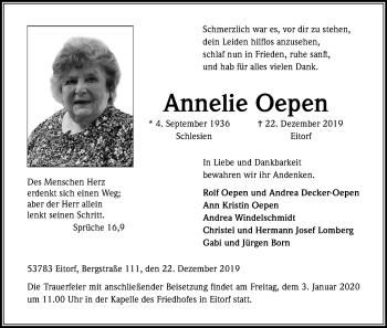 Anzeige von Annelie Oepen von Kölner Stadt-Anzeiger / Kölnische Rundschau / Express