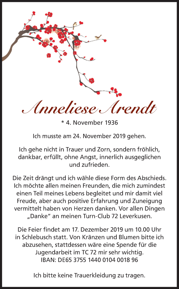  Traueranzeige für Anneliese Arendt vom 04.12.2019 aus Kölner Stadt-Anzeiger / Kölnische Rundschau / Express