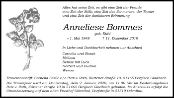 Anzeige von Anneliese Bommes von Kölner Stadt-Anzeiger / Kölnische Rundschau / Express