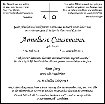 Anzeige von Anneliese Causemann von Kölner Stadt-Anzeiger / Kölnische Rundschau / Express