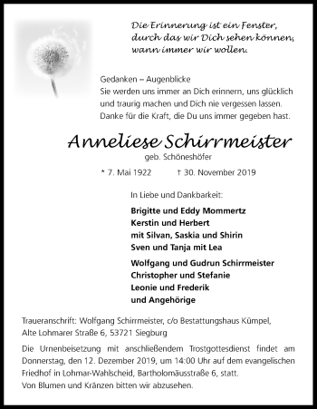 Anzeige von Anneliese Schirrmeister von Kölner Stadt-Anzeiger / Kölnische Rundschau / Express