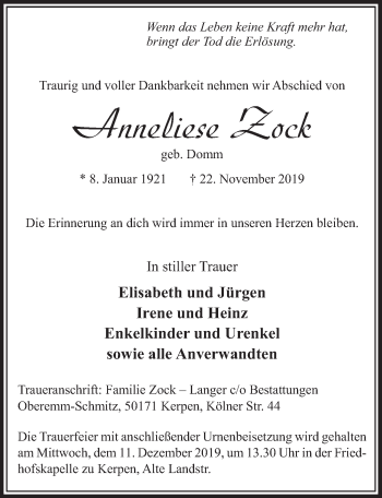 Anzeige von Anneliese Zock von  Sonntags-Post 