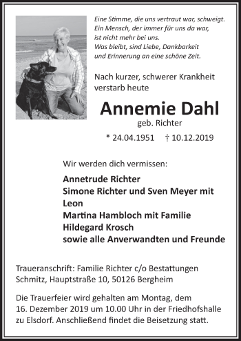 Anzeige von Annemie Dahl von  Sonntags-Post 