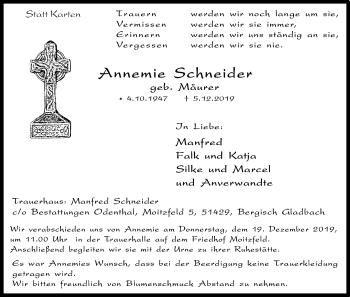 Anzeige von Annemie Schneider von Kölner Stadt-Anzeiger / Kölnische Rundschau / Express