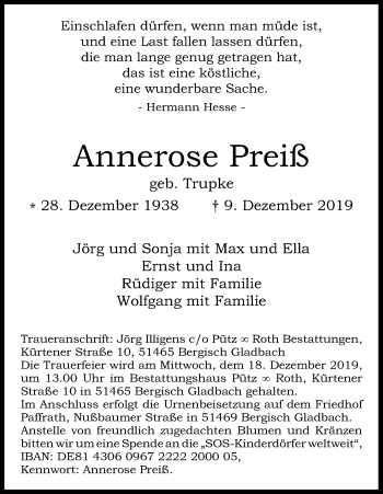 Anzeige von Annerose Preiß von Kölner Stadt-Anzeiger / Kölnische Rundschau / Express