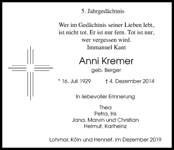 Anzeige von Anni Kremer von Kölner Stadt-Anzeiger / Kölnische Rundschau / Express