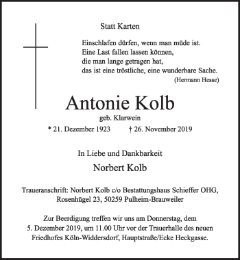 Anzeige von Antonie Kolb von  Kölner Wochenspiegel 