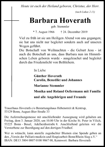 Anzeige von Barbara Hoverath von Kölner Stadt-Anzeiger / Kölnische Rundschau / Express