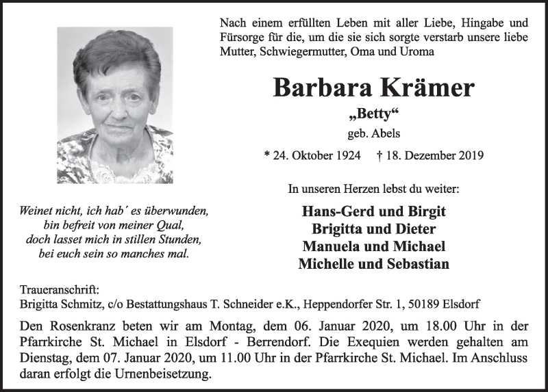  Traueranzeige für Barbara Krämer vom 28.12.2019 aus  Sonntags-Post 