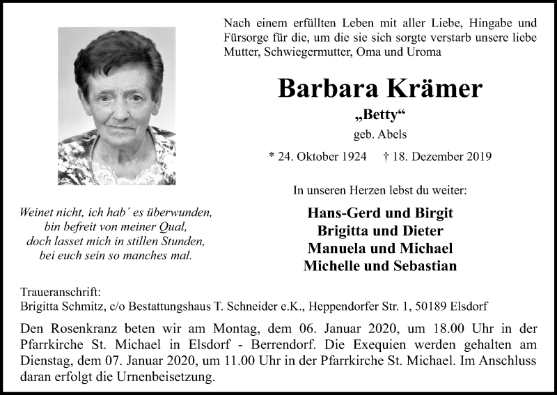  Traueranzeige für Barbara Krämer vom 28.12.2019 aus Kölner Stadt-Anzeiger / Kölnische Rundschau / Express