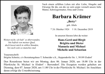 Anzeige von Barbara Krämer von Kölner Stadt-Anzeiger / Kölnische Rundschau / Express