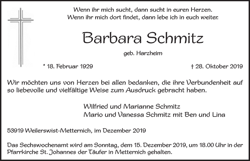  Traueranzeige für Barbara Schmitz vom 07.12.2019 aus  Blickpunkt Euskirchen 