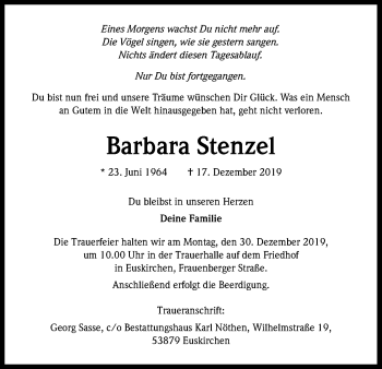 Anzeige von Barbara Stenzel von Kölner Stadt-Anzeiger / Kölnische Rundschau / Express