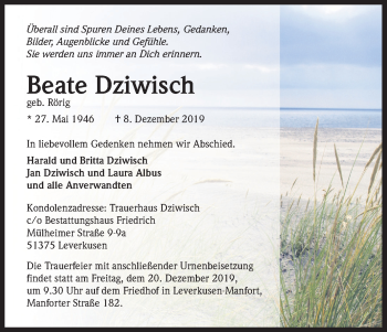 Anzeige von Beate Dziwisch von Kölner Stadt-Anzeiger / Kölnische Rundschau / Express