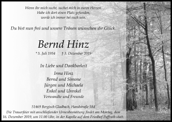 Anzeige von Bernd Hinz von Kölner Stadt-Anzeiger / Kölnische Rundschau / Express
